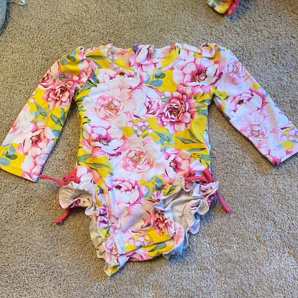 0/3 posh, peanut, pink and yellow peony,  rash guard swimsuit